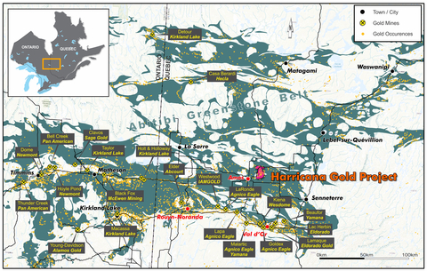Figure 1 - Harricana Project benefits from an exceptional location, close to operating mines, in the Abitibi Greenstone Belt (Graphic: Business Wire)