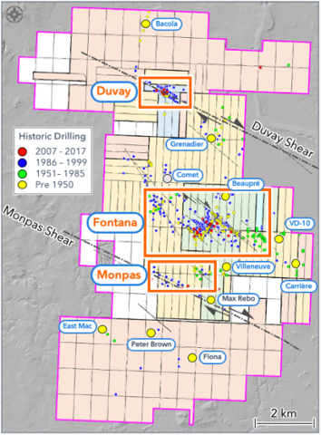 Figure 3 - Harricana Project prospects, Exploration Target area boundaries, and historical drillhole collar locations (Graphic: Business Wire)