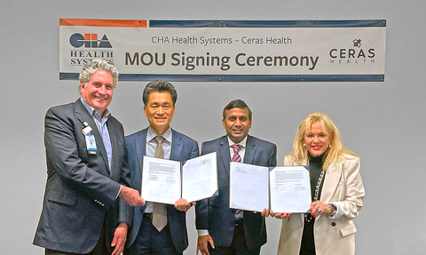 (L to R) Marcel Loh, President and Chief Executive Officer, CHA Hollywood Presbyterian Medical Center; Yongseok Kim, Chief Executive Officer, CHA Health Systems; Udaya Devineni, President and Chief Executive Officer, Ceras Health; and Anita Waxman, Co-Founder, Business Development, Ceras Health at the signing ceremony of Memorandum of Understanding (MOU) on partnership between the two companies for digital transitions of care solutions. (Photo: Business Wire)