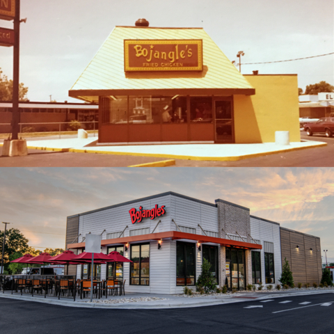 Bojangles celebrates 45th birthday with a look back at the first Bojangles location in 1977 and one of the newest in 2022. (Photo: Bojangles)