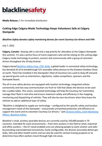 Cutting-Edge Calgary-Made Technology Keeps Volunteers Safe at Calgary Stampede. Blackline Safety donates safety monitoring devices for event Courtesy Car drivers and VIPs.
