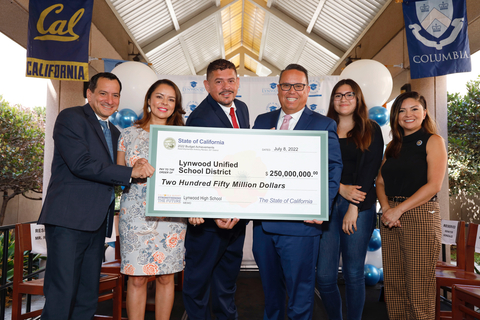 L to R: Assembly Speaker Anthony Rendon; Jennie Carreon, deputy superintendent of public instruction; Alfonso Morales, LUSD board president; Dr. Gudiel Crosthwaite, superintendent, Lynwood Unified School District; Denisse Ortiz, Lynwood High School student, class of 2022; and Senator Lena Gonzalez.(Photo: Business Wire)