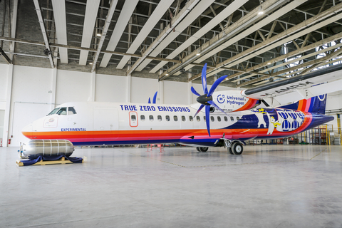 Universal Hydrogen's newly-liveried ATR 72 test aircraft used for developing the hydrogen retrofit kit and hydrogen module operational handling experiments. (Photo: Business Wire)