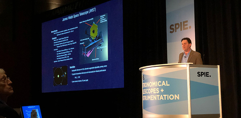 JWST Optical Telescope Element Manager Lee Feinberg speaking at SPIE Astronomical Telescopes + Instrumentation conference in 2018. (Photo: Business Wire)