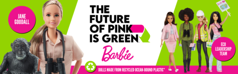 The Future of Pink is Green®: Barbie® Introduces New Dr. Jane Goodall and Eco-Leadership Team Certified CarbonNeutral® Dolls Made from Recycled Ocean-Bound Plastic (Graphic: Business Wire)