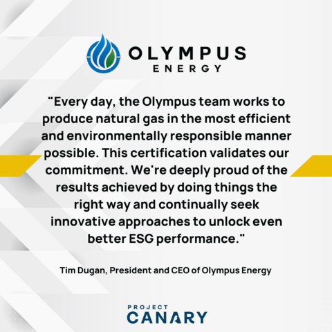 "Every day, the Olympus team works to produce natural gas in the most efficient and environmentally responsible manner possible. This certification validates our commitment," Tim Dugan, president and CEO of Olympus Energy, said. "We're deeply proud of the results achieved by doing things the right way and continually seek innovative approaches to unlock even better ESG performance." "Major domestic and international utilities are seeking the premium Certified Responsibly Sourced Gas producers like Olympus are offering. Net-zero requires solutions for low-methane verified environmental attributes and freshwater use, among other ESG markers," said Chris Romer, Co-founder and CEO of Project Canary. "Not often do we see a producer achieve best-in-class ratings across-the-board like Olympus has. It's a credit to their industry leadership for making environmental integrity fundamental to the business." (Graphic: Business Wire)