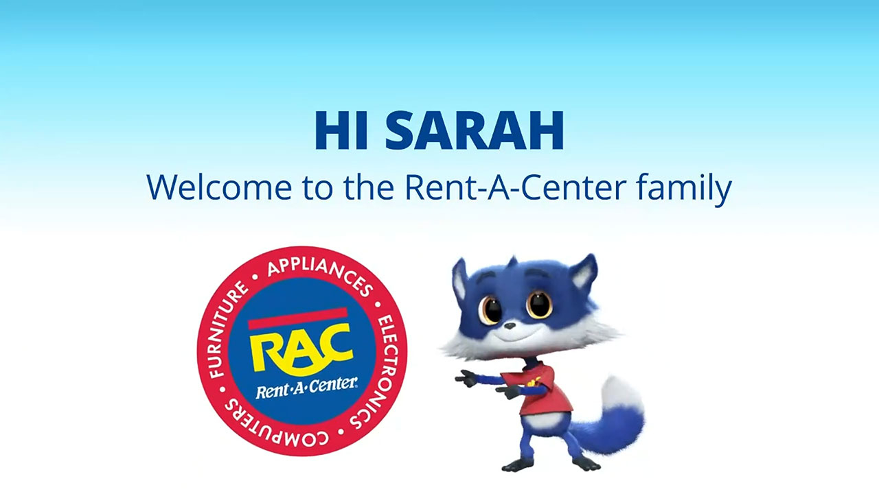 A clip of Rent-A-Center’s personalized video customer experience with SaaS video platform SundaySky. This sample is for a customer "Sarah," using dummy data to showcase the personalized experience.