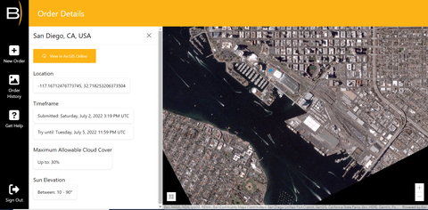 BlackSky and Esri have released a new cloud-based satellite tasking app called BlackSky Tasking for ArcGIS Online. Designed for ArcGIS Online, the app allows Esri users to task a BlackSky satellite and have dynamic, on-demand imagery delivered directly into their ArcGIS Online organization. Interface displays image of downtown San Diego, location of this week’s Esri User Conference 2022. (BlackSky)