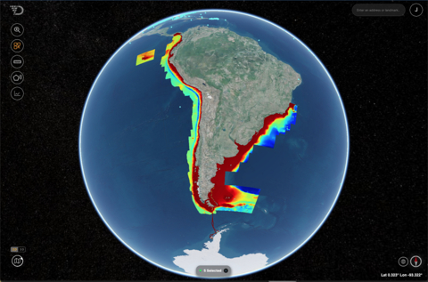 Screenshot of data collected off Antarctica (route transit depicted from South America to Antarctica and back) as part of the International Hydrographic Organization's Crowdsourced Bathymetry (CSB) initiative. Depicted for the Seabed 2030 Global Center within Terradepth's Absolute Ocean portal. Additional bathymetry off South America made available by third parties and visible in Absolute Ocean. (Graphic: Business Wire)