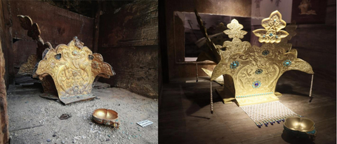 Figure. Left: The gilt-silver crown and the gold cup excavated in the tomb; right: The gilt-silver crown and the gold cup made by 3D modeling in the exhibition. (Photo: Business Wire)