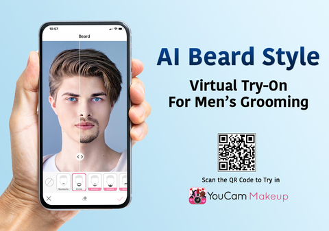 The new AI Beard Style invites YouCam Makeup users to virtually try-on different facial hair styles in seconds through their smartphones. (Graphic: Business Wire)