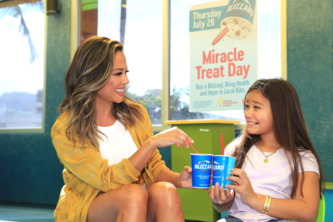 Actress Vanessa Lachey was spotted enjoying DQ(R) BLIZZARD(R) Treats with 2022 Children's Miracle Network National Champion Haumea Friel at the Kapi'olani Medical Center for Women & Children in Honolulu, Hawaii, in celebration of the upcoming DQ Miracle Treat Day on July 28. On Miracle Treat Day, when fans purchase their favorite BLIZZARD(R) Treat at participating DQ locations, $1 or more will be donated to Children's Miracle Network Hospitals(R) to benefit local children's hospitals. (Photo: Michael Simon)