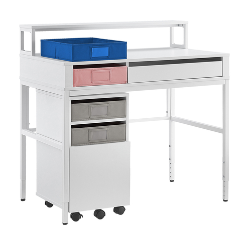 Designed to provide flexibility for years of use, the Realspace® Baywick 37"W Student Desk has height-adjustable legs to grow along with your student, plus comes with a mobile file cabinet and four fabric activity trays in pink, blue and gray, to fit inside the open cubbies in both the desk and cabinet. (Photo: Business Wire)
