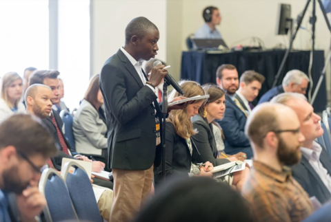 An audience member asks a question during an Internet Governance Forum USA event on internet policy. (Photo: Business Wire)