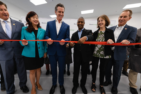 Elected officials join Bloom Energy CEO KR Sridhar and Governor Gavin Newsom at the opening of the Bloom Energy Fremont Manufacturing Plant. (From left to right: Alameda County Supervisor David Haubert, Fremont Mayor Lily Mei, Governor Gavin Newsom, Bloom Energy Founder, Chairman, and CEO KR Sridhar, State Senator Nancy Skinner, and State Senator Bob Wieckowski.) (Photo: Business Wire)