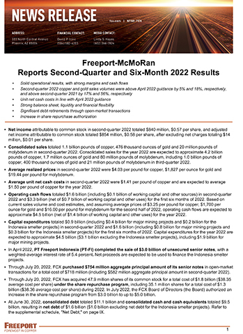 Freeport-McMoRan Reports Second-Quarter and Six-Month 2022 Results