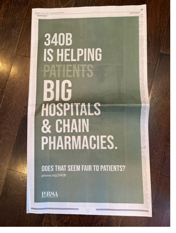 A photo of a full-page print ad on the 340B drug pricing program that was placed in the Washington Post Tuesday, July 19, 2022 by the Pharmaceutical Researchers & Manufacturers of America (PhRMA). AHF asserts PhRMA's ad is a cynical misrepresentation of the 340B program (Photo: Business Wire)