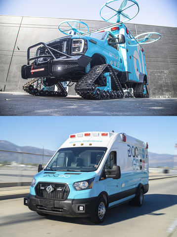 DocGo's prototype of the world’s first “Hoverlance” features quad-copters for flight, military-grade tank tracks for all-terrain access, and more. DocGo's EV ambulance is America's first all-electric, zero-emissions ambulance; the first of its kind to be registered in the U.S. The concept "Hoverlance" and EV ambulance will both be showcased at Citi Field on July 27th at 5:00 p.m. (Photo: Business Wire)