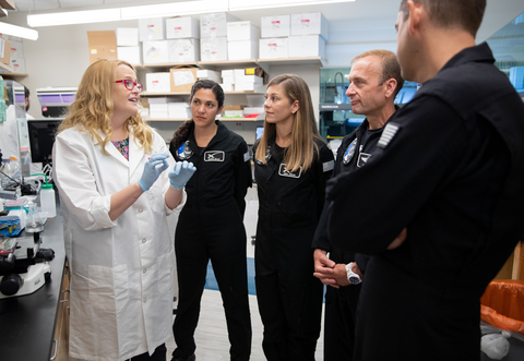 From left to right - Shondra Pruett-Miller, PhD, Sarah Gillis, Anna Menon, Scott Poteet, Jared Isaacman (Photo: ALSAC/St. Jude Children's Research Hospital)