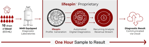 Participating providers and laboratories get access to Lifespin’s proprietary software. With its scalability as Software-as-a-Service (SaaS) deep health data insights can be made available globally to participating organizations. The metabolic status of an individual is measured quantitatively with NMR and processed with Lifespin™ proprietary advanced artificial intelligence (AI) and deep learning algorithms for the determination of health status and diagnosis of diseases and results are delivered via the cloud (Illustration: Lifespin GmbH).