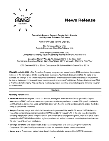 Coca-Cola second quarter 2022 full earnings release