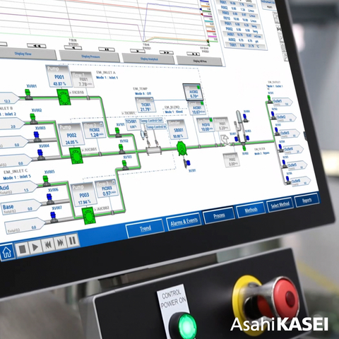 The Human Machine Interface (HMI) screen on a MOTIV system utilizes Asahi Kasei Bioprocess proprietary OCELOT automated systems software technology that integrates and/or interfaces with plant-wide control systems in a universally compatible format, allowing for far-reaching data collection and analysis. The green highlights the route the fluid is following and where it ends up, as well as sensor readings that show information about a wide variety of metrics such as the flow rate, pH level, and conductivity. (Photo: Business Wire)