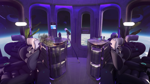 Spaceship Neptune’s Space Lounge features the largest-ever patented windows to be flown to the edge of space, offering 360-degree panoramic views of the thin blue line circling Earth below and the dark vastness of space above. Explorers enjoy plenty of headroom as they move around the capsule. The Space Lounge can be customized for couples and groups of up to eight people. Render courtesy of Space Perspective.