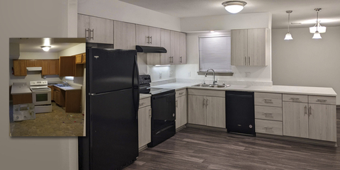 This prototype shows a side-by-side comparison before and after the renovation at Fort Polk, LA. Corvias’ additional $77M investment in Phase II will include renovated kitchens in the Palmetto and Maple Terrace homes. Final materials used in the upgrades may vary based on availability. (Photo: Business Wire)
