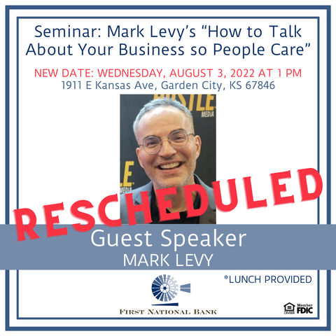 original On August 3, First National Bank of Syracuse will bring best-selling author and business strategist Mark Levy to Garden City, Kansas to speak at the Clarion Inn during a free seminar as part of its commitment to its customers and community. (Graphic: Business Wire)