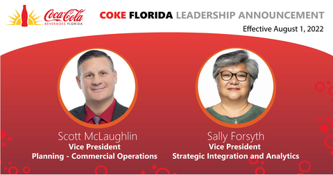 Coke Florida congratulates Scott McLaughlin, Vice President, Planning – Commercial Operations and Sally Forsyth, Vice President, Strategic Integration and Analytics.  (Photo: Business Wire)