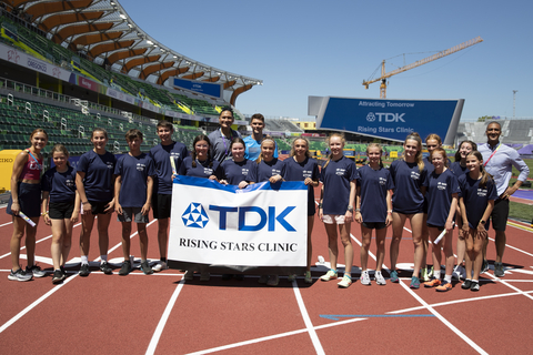 original Sinclaire Johnson, Valerie Adams, Trey Cunningham, and Ashton Eaton (from left) with their students on the TDK Rising Stars Clinic at WCH Oregon22. (Photo: Business Wire)