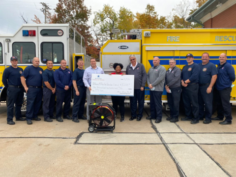 Missouri American Water presents a firefighter grant to Fire Chief Nikolas Fahs and the Affton Fire Protection District. (Photo: Business Wire)
