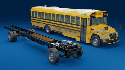 Blue Bird will offer an electric repower program on its gasoline- and propane-powered Vision school buses starting in 2023. The company expands its collaboration with Colorado-based Lightning eMotors. Blue Bird customers can future-proof their school bus fleet by purchasing gasoline- or propane-powered vehicles and converting them easily to zero-emission, electric buses when needed. (Image provided by Lightning eMotors)