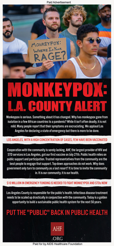 AHF will also run a full-page, full-color ad in this Sunday’s Los Angeles Times (8/7/22), the second Sunday it has run an ad targeting L.A. County over its monkeypox response. (Photo: Business Wire)