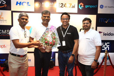 CoreStacks co-founders welcoming a customer at the grand opening of the company's new R&D facility in Chennai, India (left to right): Sabapathy A (Saba), Ezhilarasan Natarajan (EZ), Kamlesh Mahajan, and Krishnakumar Narayanan (Kk) (Photo: Business Wire)