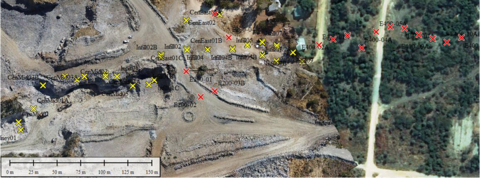 Figure 1: Map of Program Area The aerial photo shows the area where mining and stripping have already occurred. A yellow “x” represents holes completed, both reported and those for which results are still pending and red “x” represents planned holes to be drilled. (Photo: Business Wire)