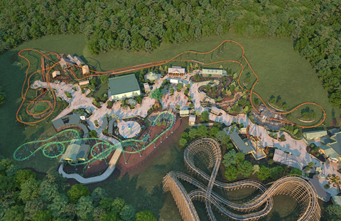 Dollywood's Big Bear Mountain, set to open in 2023, becomes the longest roller coaster at the park. This overview of the Wildwood Grove section of the park provides a look at the massive structure of the attraction. (Photo: Business Wire)