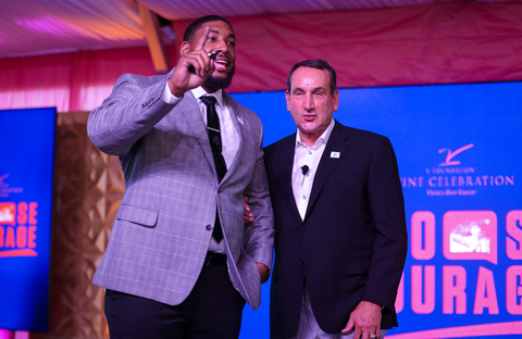 Devon Still, former NFL defensive end and 2015 Jimmy V Perseverance Award winner, and V Foundation Board Member and Duke University’s legendary former Men’s Basketball Coach Mike “Coach K” Krzyzewski kick off the Gala Auction at the V Foundation Wine Celebration Weekend, held August 4-7, 2022 in Napa Valley, CA. (Photo: Business Wire)