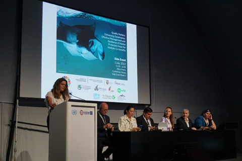 Dr. Lizzie McLeod of The Nature Conservancy speaking at the United Nations Ocean Conference in Portugal (Photo: The Nature Conservancy)