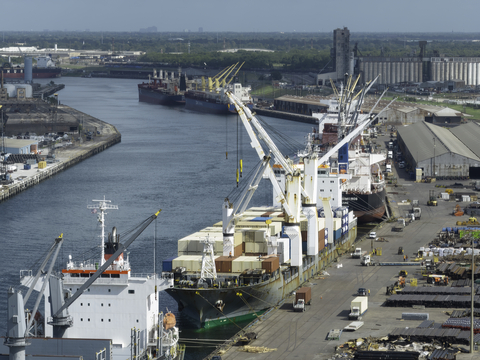 Pictured is Port Houston's busy Turning Basin Terminal. Also known as City Docks, during these unprecedented times in the supply chain, the general cargo facility has been handling some container cargo, along with the traditional steel, breakbulk, and project cargo business lines. (Photo: Business Wire)