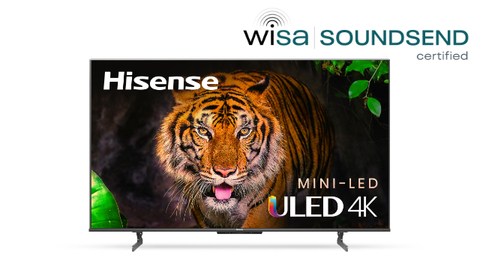 Hisense's 2022 U7H and U8H Series TVs have earned WiSA SoundSend Certification. In 2021, the WiSA SoundSend Certification program was launched to ensure effortless and simple connection and interoperability between smart TVs and the WiSA SoundSend wireless audio transmitter. (Photo: Business Wire)
