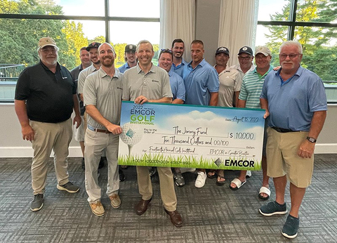 EMCOR in Greater Boston presented a $10,000 check to The Jimmy Fund during ceremonies at the EMCOR Greater Boston 14th Annual Golf Tournament Invitational held Monday, August 15th at Blue Hill Country Club, Canton, MA. David Bolduc, President, EMCOR Services Northeast, Robert Gallagher, President and CEO, J.C. Higgins Corp., Tom Coates, VP and General Manager, Building Technology Engineers, Inc., along with event participants, presented the check. (Photo: Business Wire)