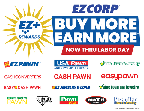 EZCORP pawn store brands participating in the EZ+ Rewards BUY MORE, EARN MORE promotion, running through Labor Day (Graphic: Business Wire)