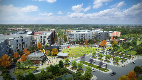 A rendering showing the first phase of development planned for Westfield Garden State Plaza in Paramus, NJ. Anticipated to break ground in 2024, the first phase will include the construction of 550 luxury apartment homes that will be integrated with the shopping center via a one-acre ‘town green’ for residents, visitors, and shoppers to enjoy, as well as introduce a ‘main street’ outdoor district featuring restaurants and everyday conveniences and services. (Photo: Business Wire)