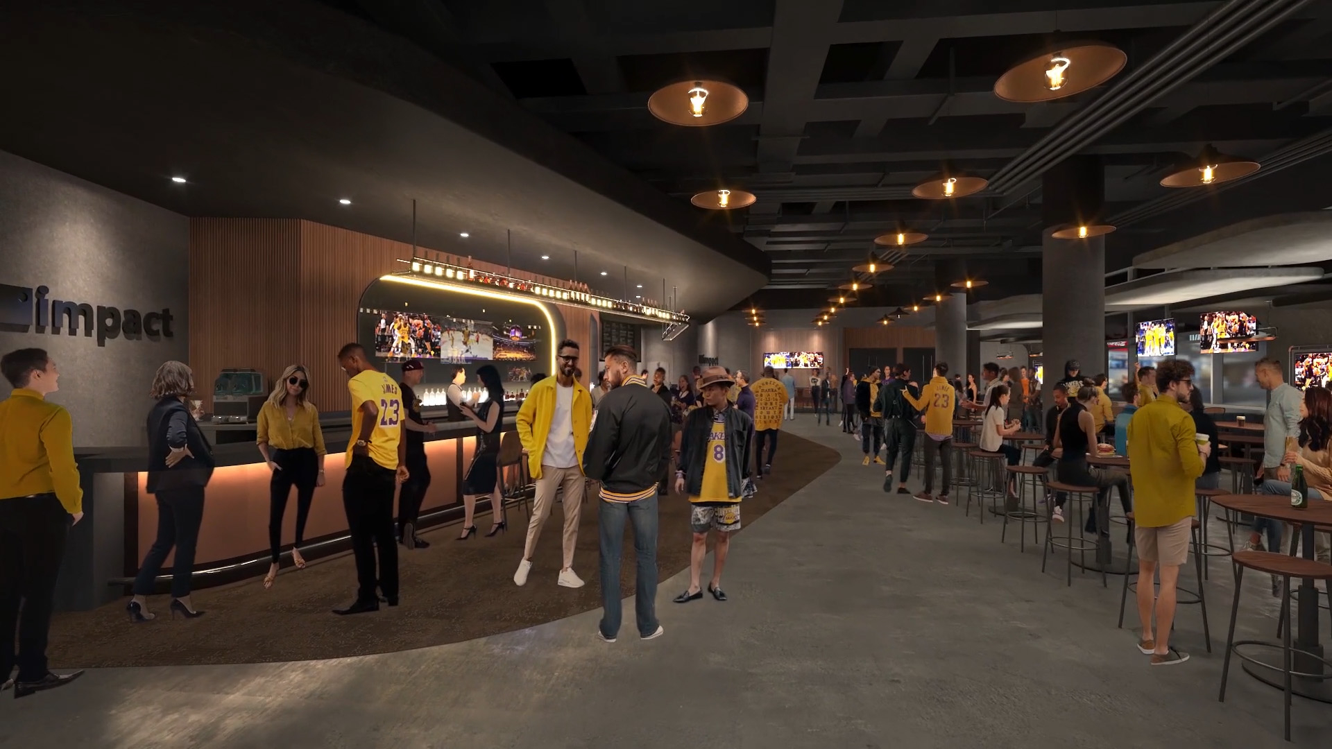 Fly-through animation of Crypto.com Arena's redesigned and upgraded Main Concourse Impact Sports Bar & Grill.