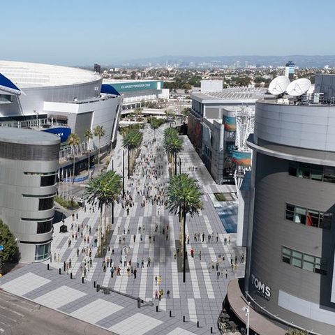 Rendering of new, upgraded, redesigned and raised Chick Hearn Court connecting L.A. LIVE's Xbox Plaza and Crypto.com Arena's Star Plaza. (Graphic: Business Wire)
