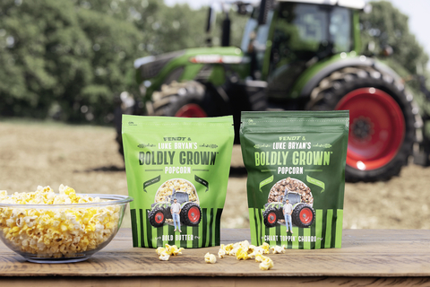Fendt & Luke Bryan’s Boldly Grown Popcorn is available in Bold Butter and Chart Toppin' Churro flavors. The limited supply of bags will be available for $5.00 at 12 p.m. Eastern, Thursday, Aug. 25 on BoldlyGrownGoods.com. (Photo: Business Wire)
