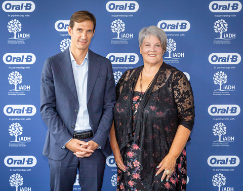 Oral-B® announces its partnership with the International Association of Disability and Oral Health as part of the overall brand mission to make oral care more inclusive, accessible, and positive for all. Pictured (left to right): Benjamin Binot, Oral Care Senior Vice President at Procter & Gamble and Prof Alison Dougall, President of the International Association of Disability and Oral Health (iADH). Credit: Djibrann Hass