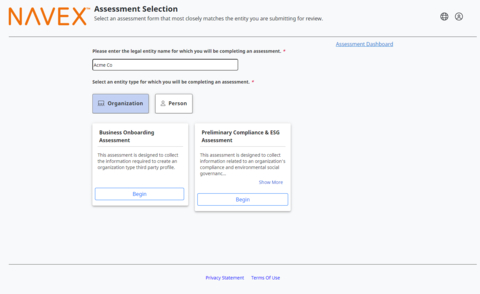 NAVEX onboarding assessment portal, courtesy of NAVEX.