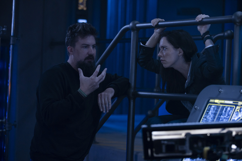 (L-r) Director ADAM WINGARD and REBECCA HALL on the set of Warner Bros. Pictures’ and Legendary Pictures’ action adventure “GODZILLA VS. KONG,” a Warner Bros. Pictures and Legendary Pictures release. Photo by Vince Valitutti